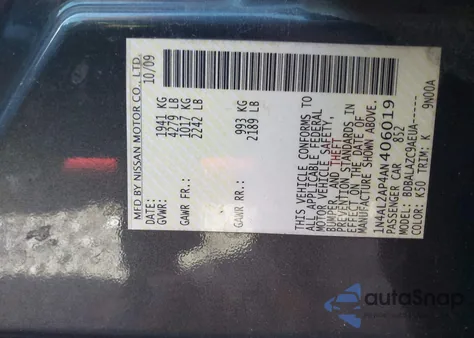 2010 Nissan Altima 2.5 z USA, uszkodzony, nr VIN 1N4AL2AP4AN406019